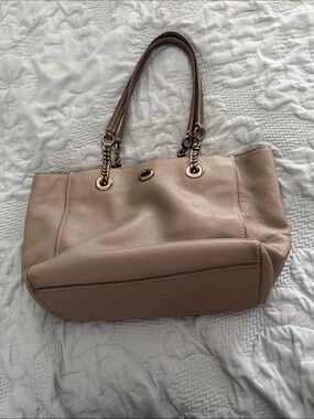 Grey Leather Tote Bag with Chain-Accent Handles